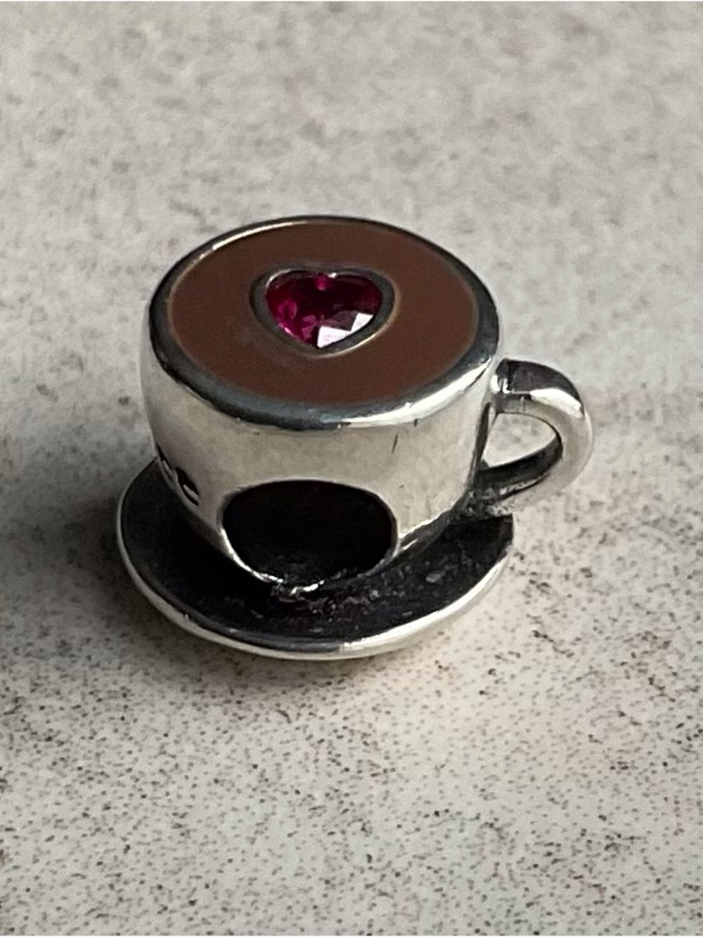 Silver Coffee Cup Charm with Pink Heart Crystal Accent